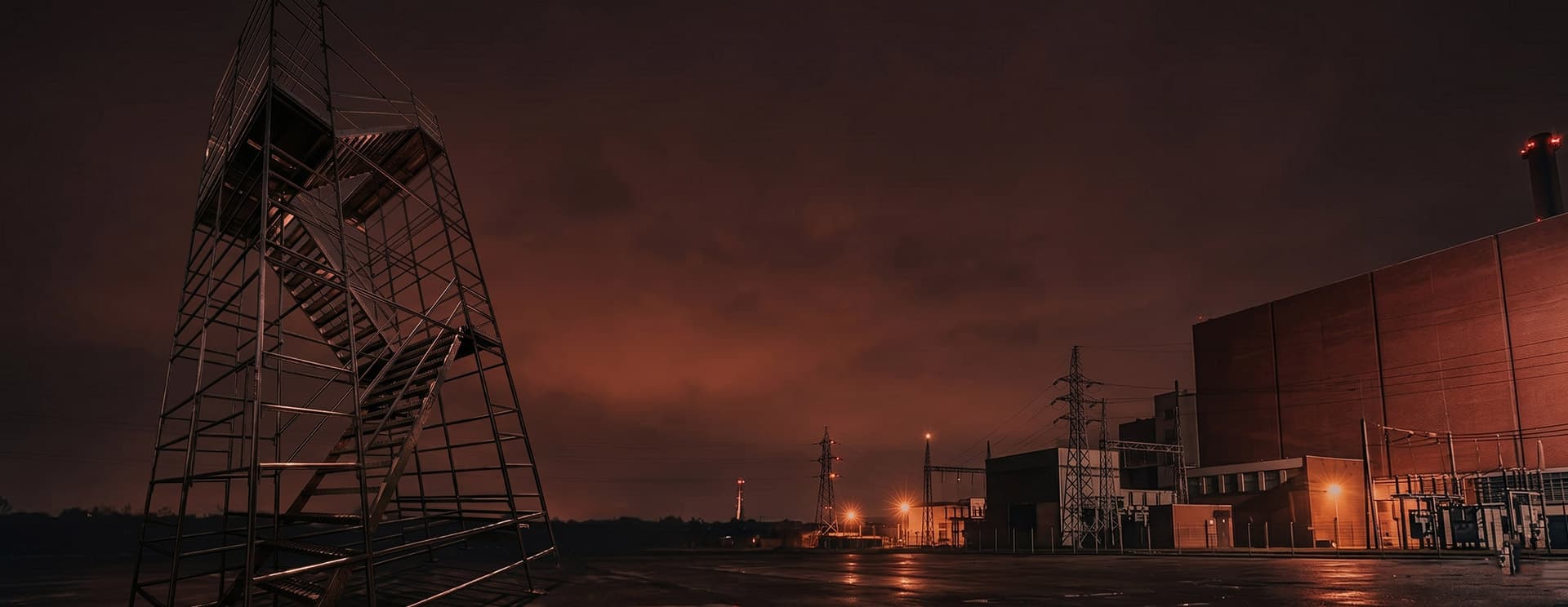 Mentenanță rafinărie nocturnă — schelă metalică EGEA