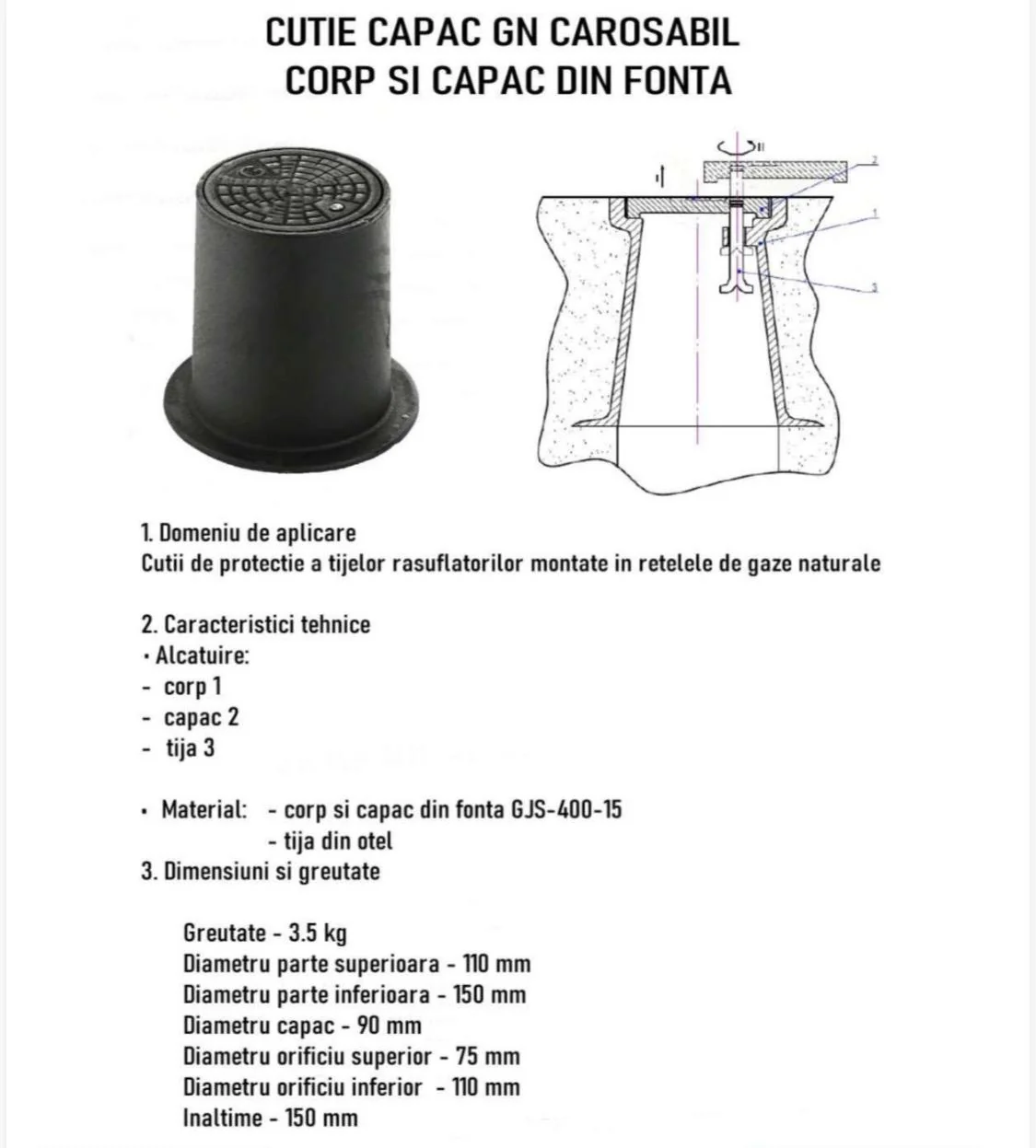 Capac GN carosabil (fontă) EGEA — fișă tehnică